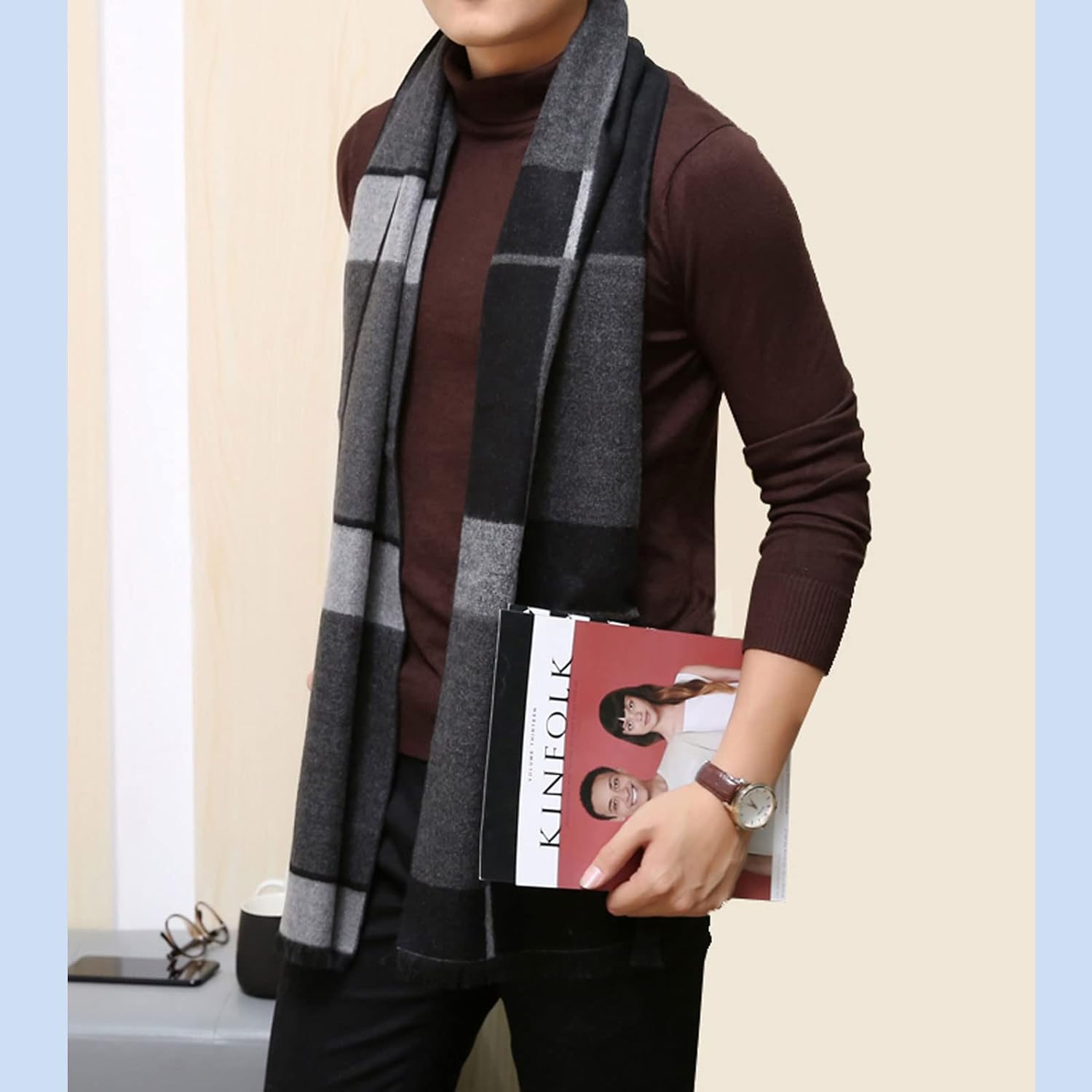 2 Packs Cashmere Feel Men Scarf for Winter, Lattice Grid Plaid Stripe Argyle Windowpane Designs Selection Husband Father Gift - Image 2